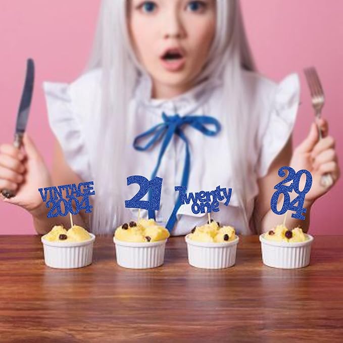 Gyufise 24Pcs 21st Birthday Cupcake Toppers Glitter Twenty-one Vintage 2004 Cheers to 21 Cupcake Picks Birthday Cake Decorations for Happy 21st Anniversary Party Supplies Deep Blue