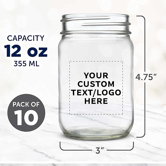 DISCOUNT PROMOS Custom Decorating Mason Jars 12 oz. Set of 10, Personalized Bulk Pack - Glass Jars for Overnight Oats, Candies, Fruits, Pickles, Spices, Beverages - Clear
