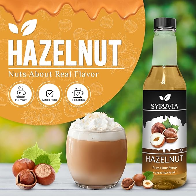 Syruvia Hazelnut Coffee Syrup - 12.7 fl oz Premium Coffee Flavoring Syrup - Kosher Coffee Syrups, Gluten Free, No Coloring, Perfect for Drinks, Soda, Shakes, Desserts, and More.