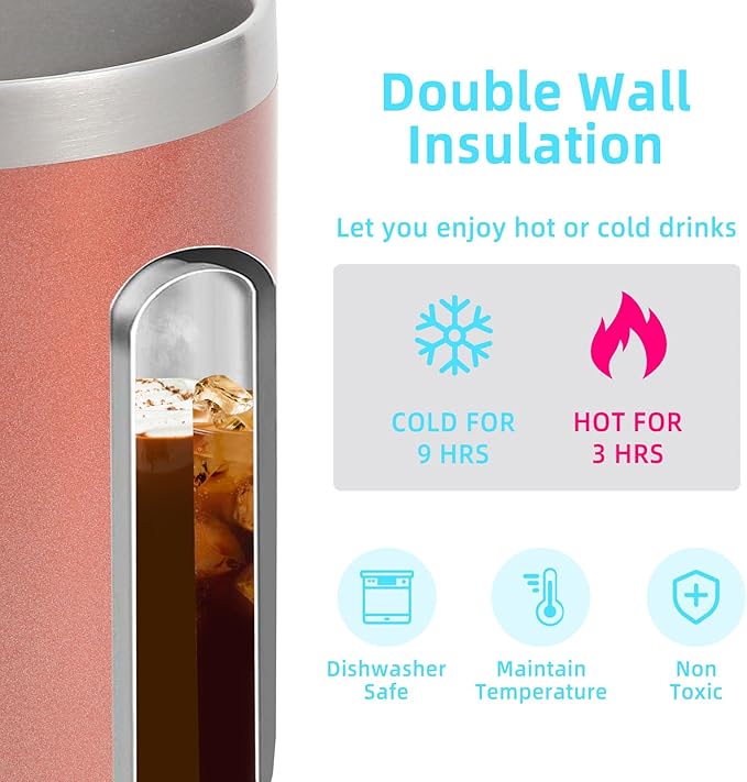 Volhoply 14oz Insulated Stainless Steel Coffee Mug with Lid Bulk 8 Pack,Double Wall Vacuum Travel Coffee Cup with Handle,Reusable Cups Tumbler Cup,Camping Mugs Keep Hot,Ideal Gifts(Rose Gold,8)
