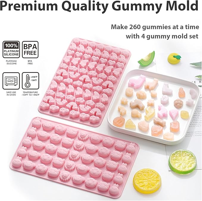 Animals & Flowers Silicone Candy molds, Non-Stick Gummy Bear Chocolate Gelatin Tray with 2 Droppers Creates 260 Alpaca, Clover, Animals, Rainbow & Cloud, Pack of 4