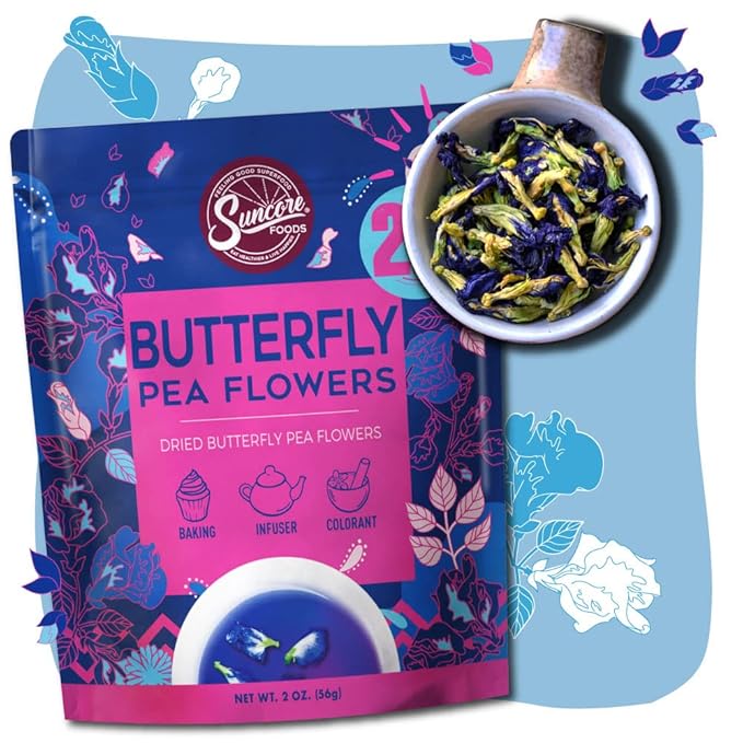 Suncore Foods Dried Butterfly Pea Flowers Bloom, Caffeine-Free Tea, Gluten-Free, Non-GMO, 2oz (1 Pack)