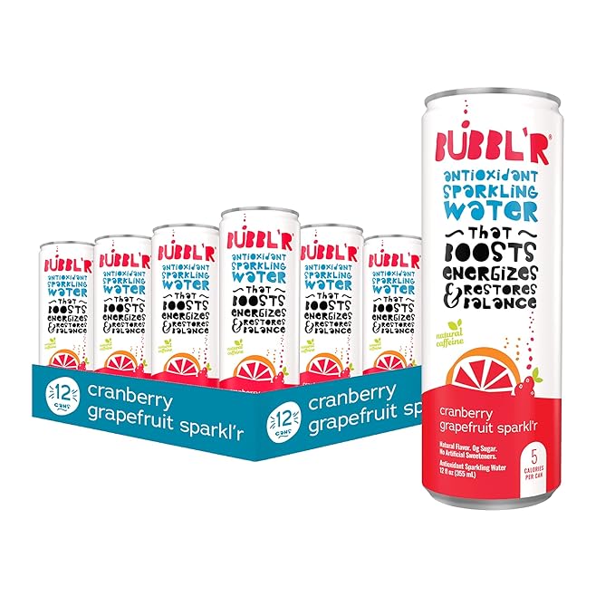 BUBBL'R cranberry grapefruit sparkl'r, Antioxidant Sparkling Water with Natural Caffeine, 0g Sugar, Gluten Free, All Natural Flavors, 12 Fl Oz Cans, 12 Count