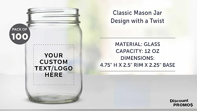 DISCOUNT PROMOS Custom Decorating Mason Jars 12 oz. Set of 100, Personalized Bulk Pack - Glass Jars for Overnight Oats, Candies, Fruits, Pickles, Spices, Beverages - Clear