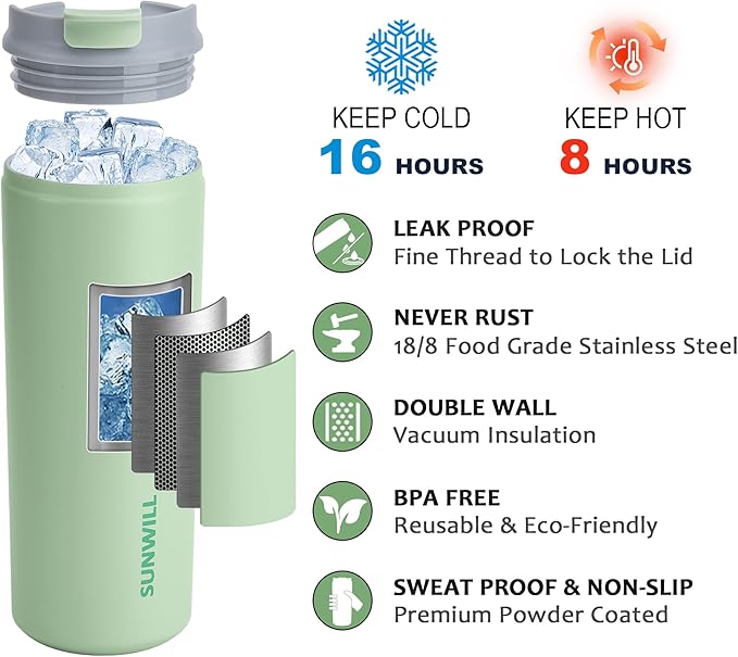 SUNWILL Travel Coffee Mug with Lid, Stainless Steel Coffee Tumbler Cups 16 oz Leakproof, Powder Coated Matcha