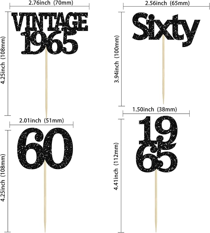 Gyufise 24Pcs Vintage 1965 Cupcake Toppers Cheers to 60 Fabulous Sixty Cupcake Picks Decorations for 60th Birthday Wedding Anniversary Party Cake Decorations Supplies Black