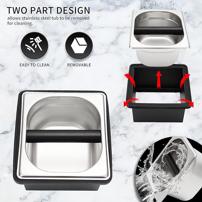 Espresso Knock Box,Stainless Steel Coffee Pucks Container, with Steel Holder and Noise Reduction Rubber Ring (7.28 x 6.8 x 4.25 inch)