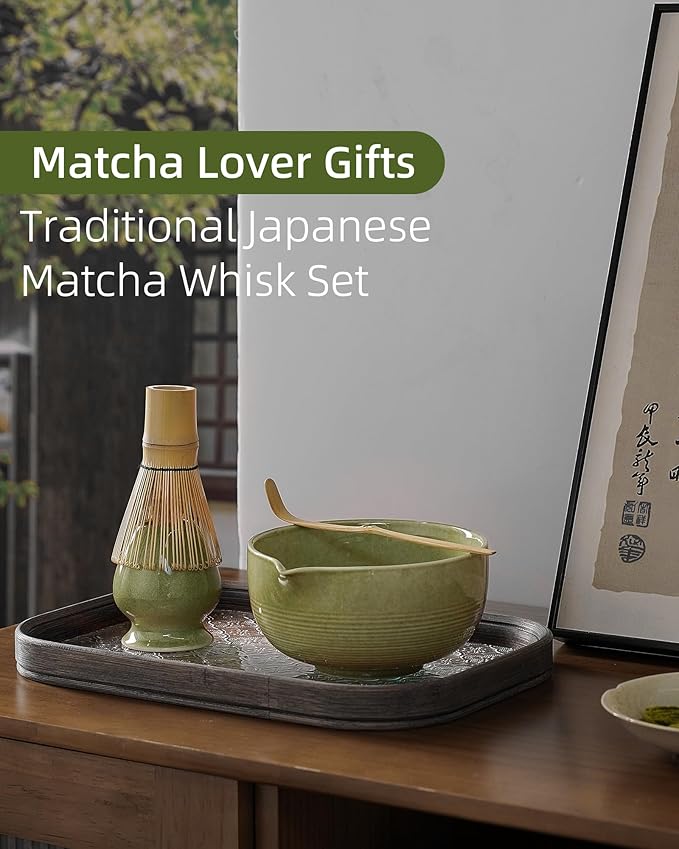 ZENS Matcha Whisk Set, 15oz Ceramic Matcha Bowl with Spout and Bamboo Whisk, (Chasen Holder) Scoop & Tea Towel, 5pcs Matcha Kit for Matcha Lovers, Emerald Green