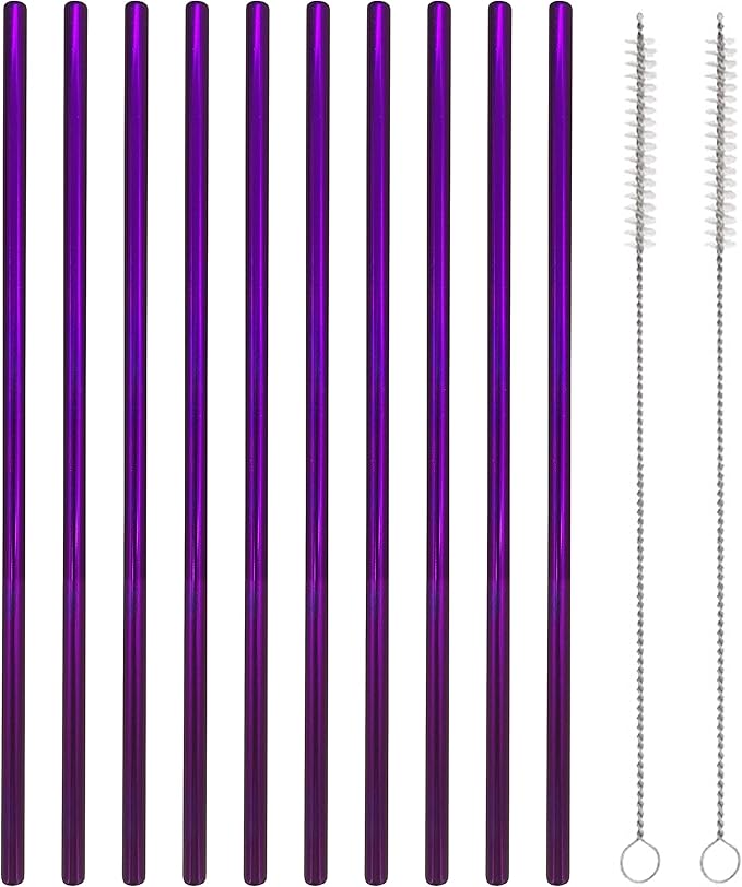 10 Pcs Stainless Steel Straws, Reusable Drinking Straws, Straight Metal Straw Sets with 2 Pcs Cleaning Brushes (10.5 Inch, Purple)