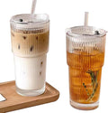 2 Pack Iced Coffee Cup with Lids, 20oz Clear Glass Tumbler with Straw & Lid, Ribbed Glassware Cups, Dishwasher Safe Drinking Glasses, Stylish Glass Cups for Coffee, Juice, Tea, Matcha