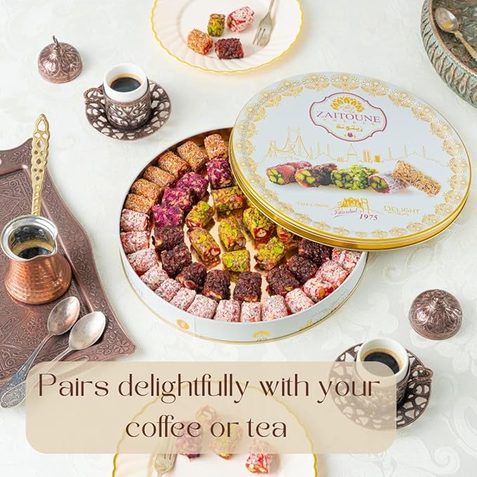Zaitoune Turkish Delight Mix - 22 oz | Luxury Coatings of Pomegranate, Pistachio, Coconut, Kataifi & Rose | Authentic Lokum Sweet Assortment in a Beautiful Gift Tin | Handmade & Individually Wrapped