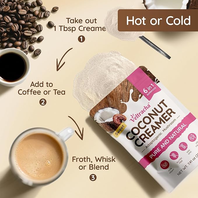 Veltracha Mushroom Coffee Creamer, Superfood Coconut Creamer Powder with 6 Adaptogenic Mushrooms - Reishi, Turkey Tail, Lions Mane, Non-Dairy Coconut Powdered Creamer for Energy & Focus & Digestion, 30 Servings, Sweet
