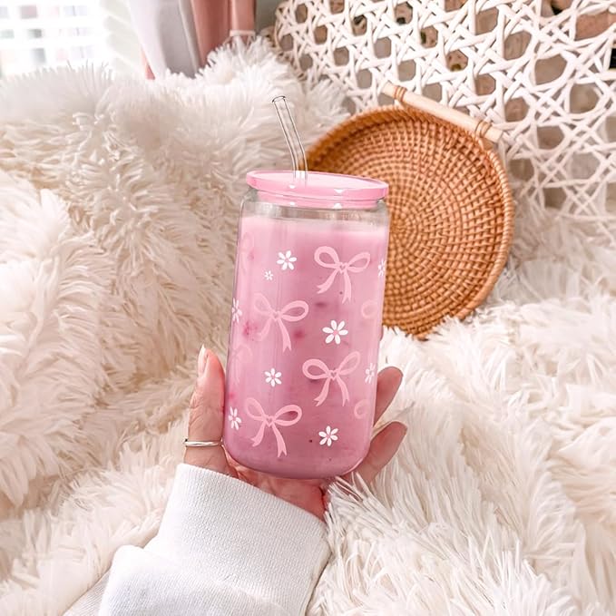 SANDJEST Bow Glass Can, Bows Cup with Lid & Straw, Iced Coffee Aesthetic Cups, Idea Gift for Christmas Birthday Mother Day, Gifts for Women, 16oz