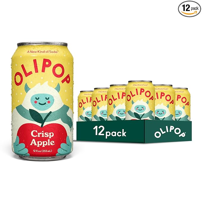 OLIPOP Prebiotic Soda Pop, Crisp Apple, Pantry Pack Packed with Prebiotics, Fiber, and Botanicals, Gluten Free, Vegan, GMO Free, 12oz (12-Cans)