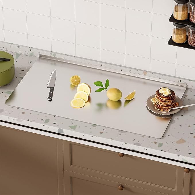 304 Stainless Steel Cutting Board with Rolling Pin&Non-Slip Mat, Cutting Chopping Boards with Lip Large Heavy Duty Baking Board for Meat Vegetables Fruits Cheese Bread Pastry- 35.4”L x 19.7”W