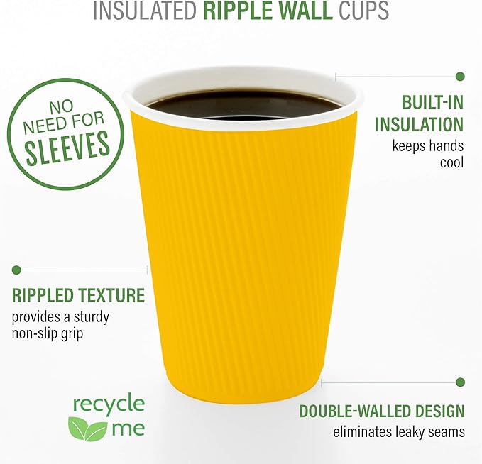 Restaurantware 16 Ounce Ripple Wall Disposable Coffee Cups, 500 Insulated Yellow Paper Tumblers with Rolled Rim Design, Lids Sold Separately for Hot Drinks like Tea, Hot Chocolate and More