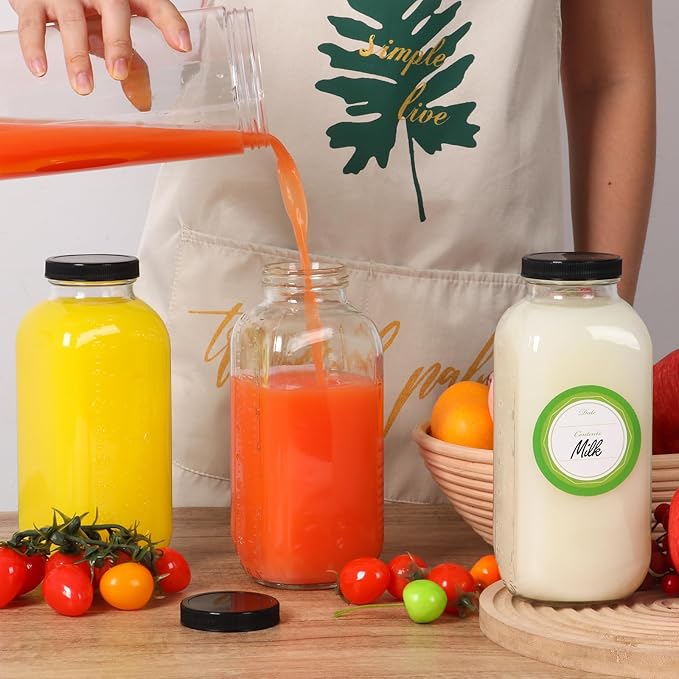 STARSIDE 32 oz Glass Juice Bottles with Lids 2 Pack - Square Reusable Drinking Jars for Juicing, Milk, Kombucha - Includes 1 Bottle Brush, 6 Colored Labels