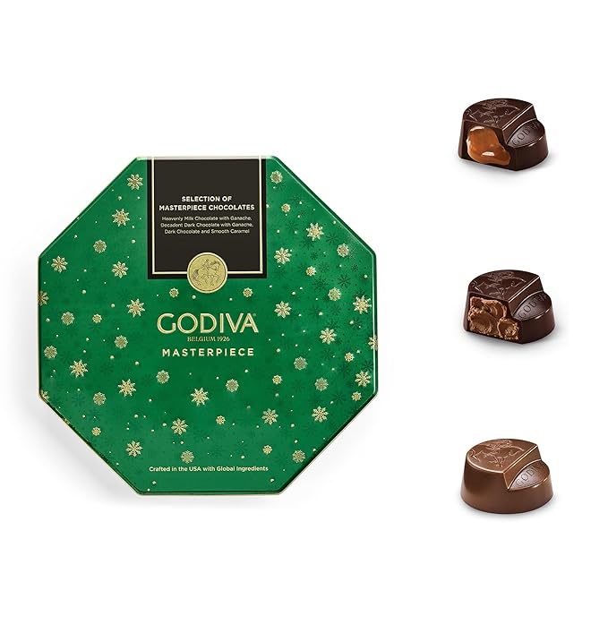 Godiva Holiday Masterpiece Gift Tin, Assorted Milk & Dark Chocolates with Ganache and Caramel, Gourmet Christmas Gift, Kosher & Halal, 50 Pc