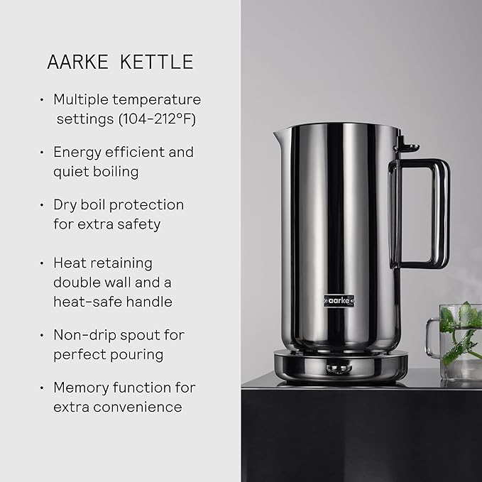 aarke Stainless Steel Kettle - Perfect for Coffee and Tea Maker Enthusiasts, Non-Drip Spout, Double-Wall Construction, Dry Boil Protection, Heat-Safe Handle, LED Cool-Down Indicator, 1.2L (Steel)