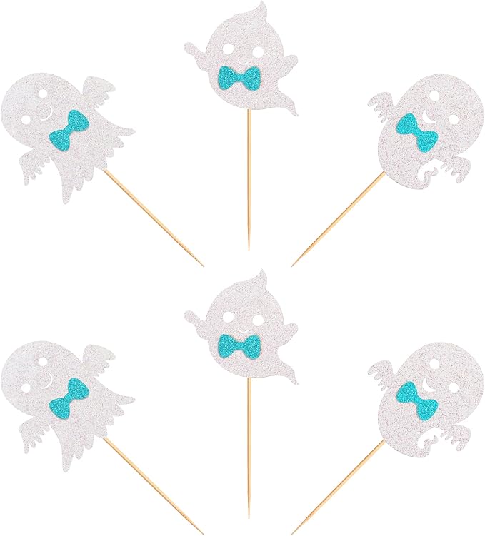 24Pcs Ghost Cupcake Toppers - Bule Halloween, Bule and White Halloween Birthday Decorations, Bule Halloween Baby Shower Decor, Ghost Decorations, Halloween Gender Reveal Decorations