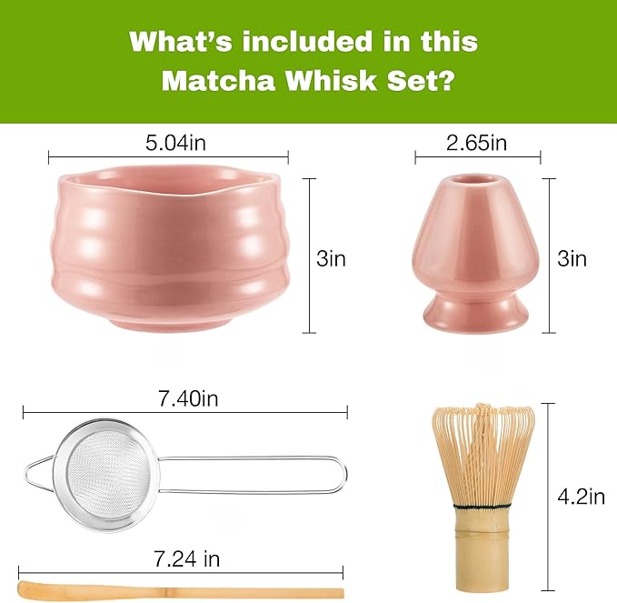 Marce Matcha Whisk Set- Matcha Set includes Matcha Bowl, Sifter, Holder and Scoop- The Perfect Bamboo Whisk for Matcha Tea (Pink)