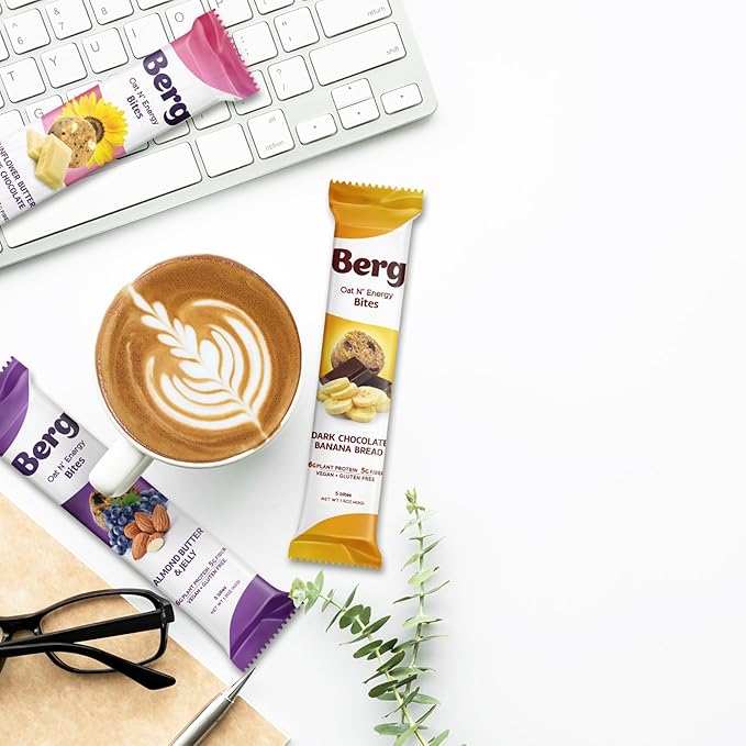 Berg Oat N' Energy Bites - Peanut Butter & Dark Chocolate - Non-GMO, Gluten Free, Dairy Free, Soy Free and Vegan - Clean Energy Snack - 1.5oz, (8 Pack)