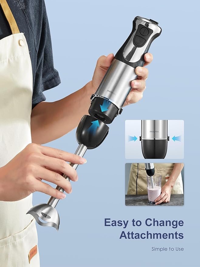 5-in-1 Hand Immersion Blender, 1000W Handheld, Copper Motor Stainless Steel Blade Stick, Mixing Beaker, Food Processor, Whisk, Milk Frother for Smoothies Puree Baby Food (Black)
