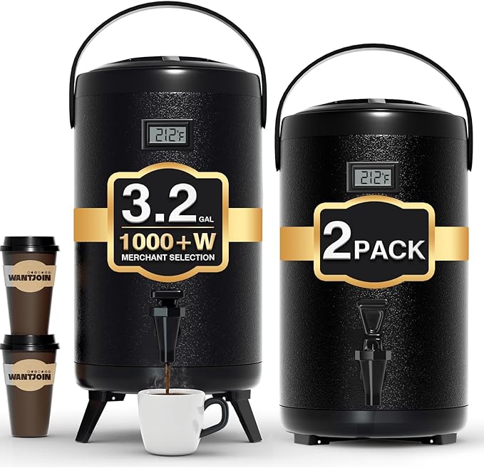 WantJoin 2-pack Insulated Beverage Dispenser-Thermal Hot and Cold Beverage Dispenser Tea Dispenser Stainless Steel 12L/3.2Gal Hot Drink Dispenser with Spigot for Hot Tea&Coffee,Cold Milk,Juice Black