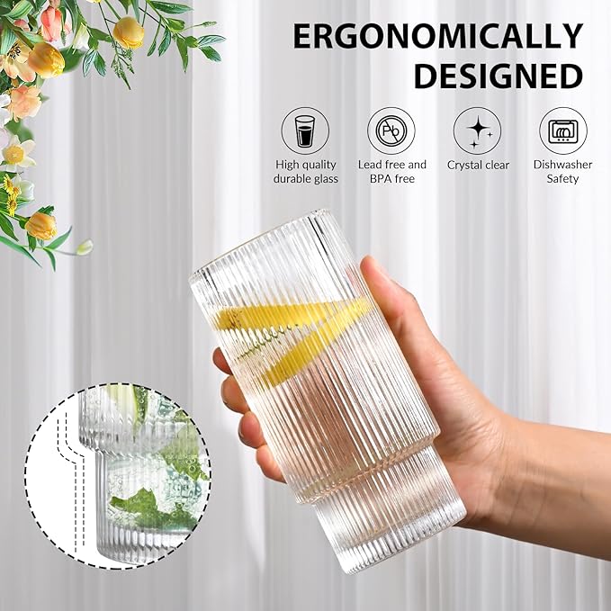 16OZ Ribbed Glass Cups with Lids and Straws,Iced Coffee Cups with Bamboo Lid,Vintage Glassware for Whiskey Cocktail Beer Fruit Juice Glasses Tumbler(6 Pack)
