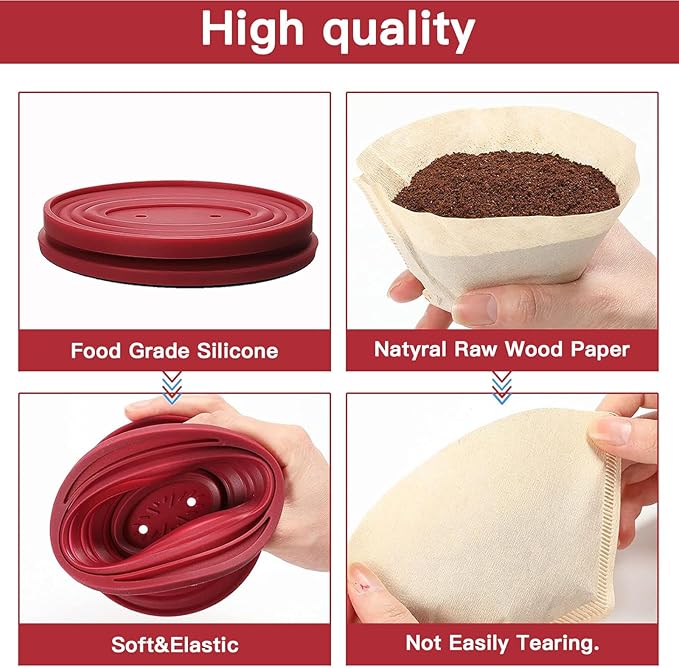 Collapsible Pour Over Coffee Dripper Set - Silicone Reusable Cone Filter Holders with 100Pcs Paper Filters - For Home, Camping, Travel, Office (1, Red)