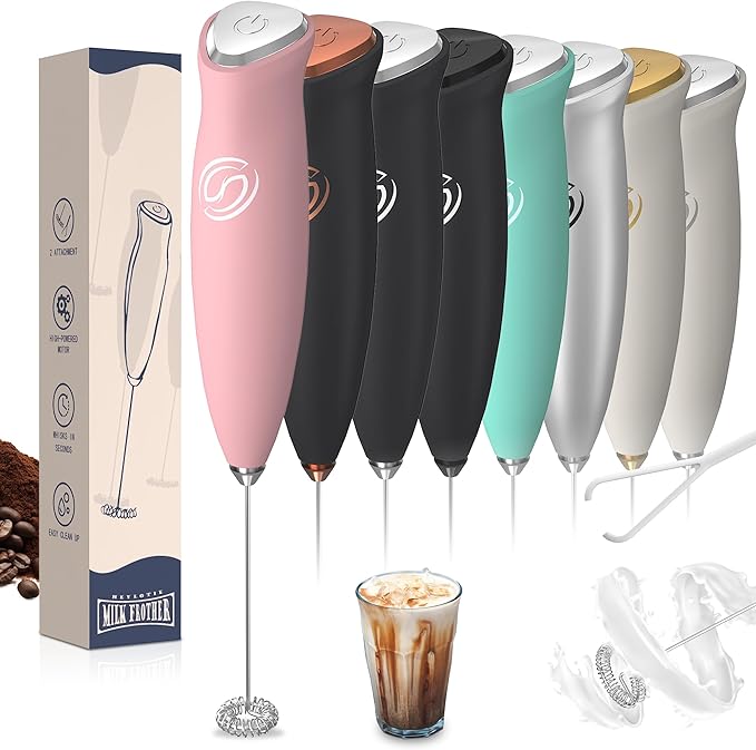 Milk Frother Handheld Frother Wand Drink Mixer Handheld Coffee Stirrers Electric Frother for Coffee Mixer Wand with 2 Whisk frother for protein powder coffee frother handheld-Pink