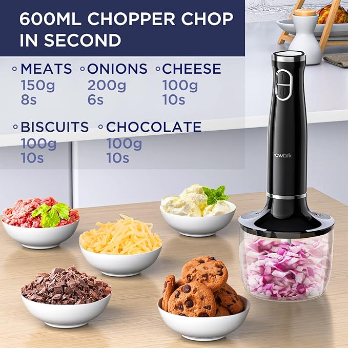 Howork 450W Immersion Hand Blender, 4-in-1 Multifunctional 2 Speed Stainless Steel Handheld Stick Blender, Titanium Cross Blade, 600ml Mixing Beaker and 500ml Food Processor, Dishwasher Safe, Black