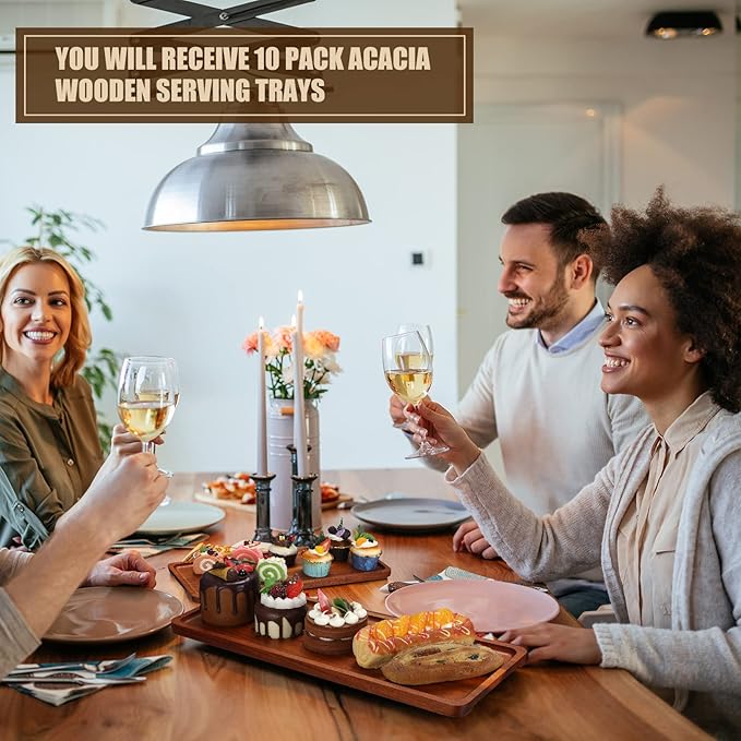 10 Pack Solid Wood Serving Trays 16.7 x 6.4 Inch Acacia Wooden Server Platter Rectangular Charcuterie Boards with Grooved Handle for Home Room Coffee Cheese Appetizer Table Farmhouse Serving Decor