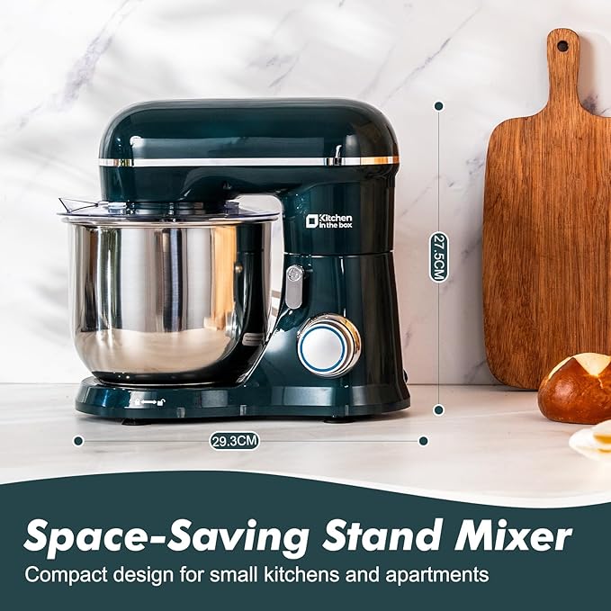 Kitchen in the Box Stand Mixer, 3.5 QT Small Electric Kitchen Mixer, 10-Speed Portable Lightweight Food Mixer with Stainless Steel Bowl, Egg Whisk, Dough Hook, Beater (Dark Green)