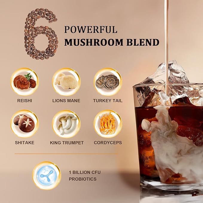 Bunkell Mushroom Coffee Creamer, Adaptogenic 6 Mushrooms with Lion's Mane, Reishi, Cordyceps, Shiitake, King Trumpet, Turkey Tail, Probiotics Creamer for Energy, Focus & Digestion Support, 30 Servings