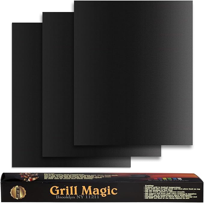 BBQ Grill Mat Set of 3-100% Nonstick Large Grilling Sheets - Heavy Duty Cooking Mats for Outdoor Grill Charcoal, Gas or Electric - Reusable, Extra Thick and Easy to Clean - 15.75 x 13