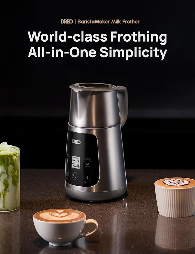 Dreo All-in-1 BaristaMaker Milk Frother, Electric Foam Frother for Latte Art Microfoam and Coffee, 15oz/450ml Automatic Milk Warmer with 30 Drinks, Dishwasher Safe, Dairy/Plant-Based Milk
