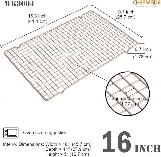CHEFMADE Baking and Cooling Rack, 16.3-Inch Non-Stick Bold-Grid Design Rectangle Wire Rack for Oven Baking (Champagne Gold)