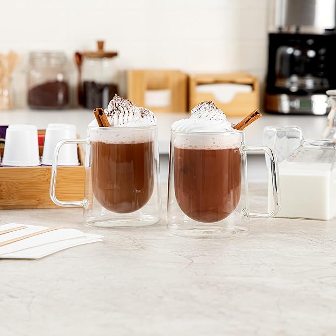 Restaurantware-Forma Professional 10.2 Ounce Double Wall Coffee Mugs, 12 Insulated Coffee Mugs With Handle - Dishwashable, Reusable, Clear Glass Beverage Cups, Freezable, For Hot Or Cold Beverages
