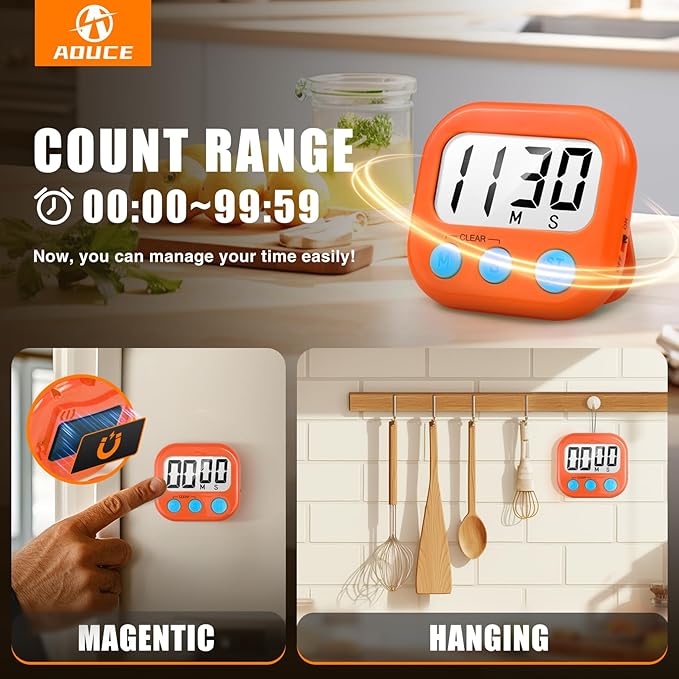 2 Pack Digital Kitchen Timer for Cooking Big Digits Loud Alarm Magnetic Backing Stand Cooking Timers for Baking Orange