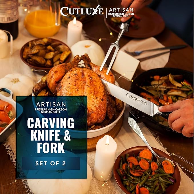 Cutluxe Turkey Carving Knife Set Carving Fork & Knife for Meat, BBQ, Brisket Razor Sharp Premium German Steel Full Tang, Ergonomic Handle Artisan Series