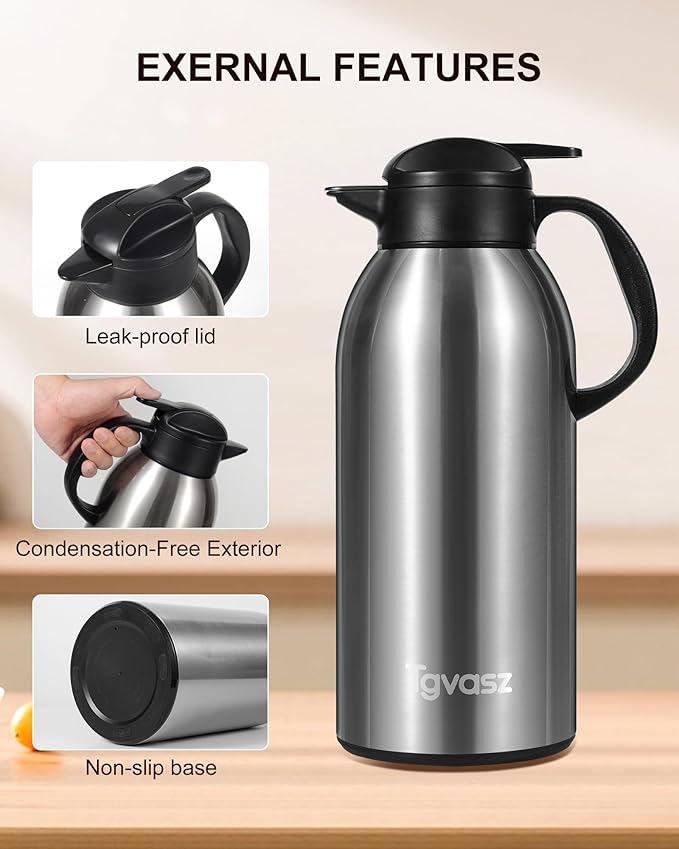 2 PCS Large and Heavy Thermal Coffee Carafe 101 oz,Fullness Water is 7.3 LB - 24 Hours Hot, Insulated Airpot Dispenser,Coffee Carafes For Keeping Hot for Parties (2 Silver)