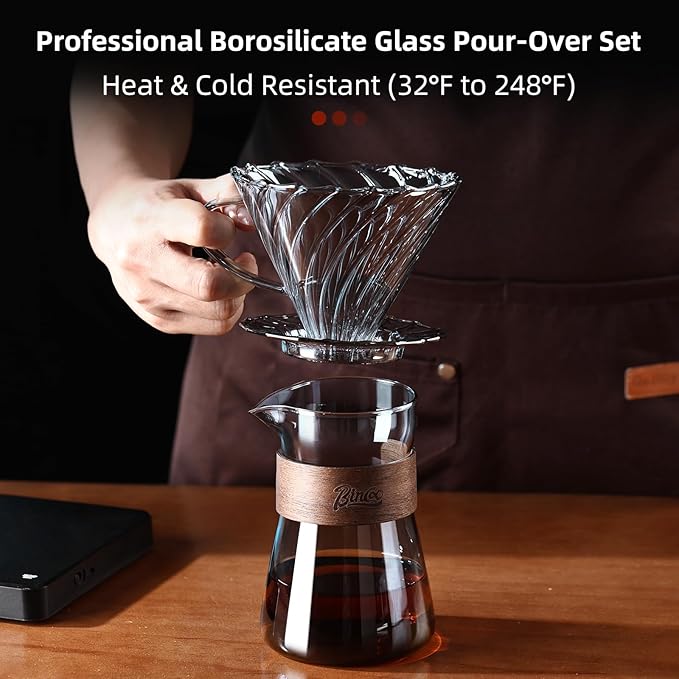 Bincoo Pour Over Coffee Dripper Set, Drip Coffee Maker, Included Borosilicate Glass Carafer and Coffee Dripper & 50 Pcs Size 02 Paper Filter, 16oz(500ml) (Smoky Gray Set)