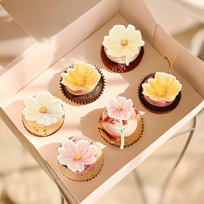 Ephlyn 50Pcs Edible Flower Cupcake Toppers Wafer Paper Spring Bridal Engagement Baby Shower Birthday Party Cupcake Picks Anniversary Party Decorations Supplies Multi