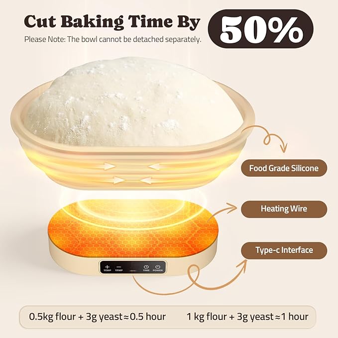 Heating Sourdough Bread Proofing Basket, 2L Electric Thermostatic Silicone Oval Banneton Proofing Bowl with 6 Timer & Temp Settings for Dough Rising, Dishwasher Safe, Foldable Sourdough Starter Bowl