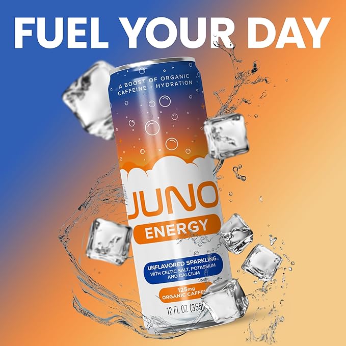 JUNO ENERGY Drink Unflavored Sparkling - Sugar Free Electrolytes, 125mg Organic Caffeine from Green Coffee Beans with Celtic Salt, Potassium & Calcium for Hydration & Energy - 12 Pack