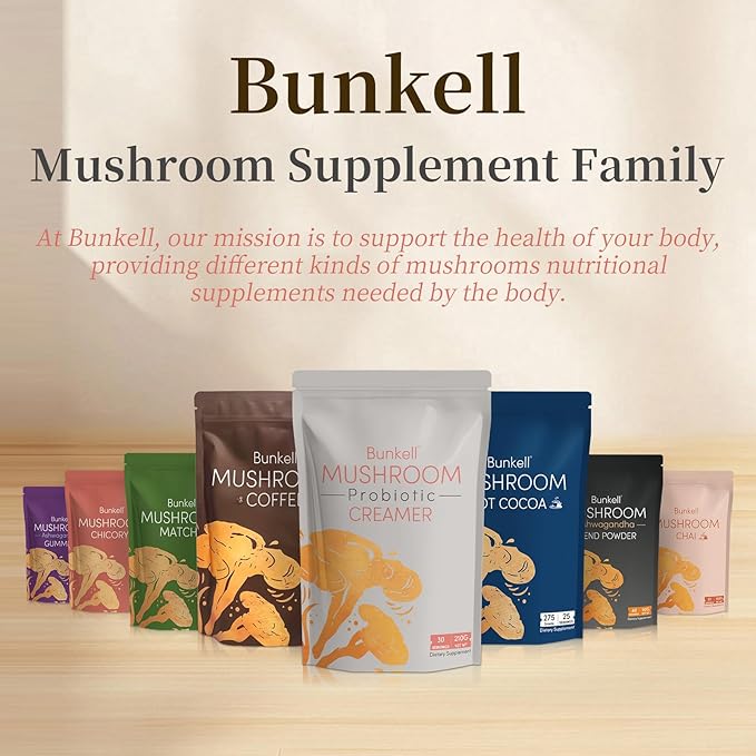 Bunkell Mushroom Coffee Creamer, Adaptogenic 6 Mushrooms with Lion's Mane, Reishi, Cordyceps, Shiitake, King Trumpet, Turkey Tail, Probiotics Creamer for Energy, Focus & Digestion Support, 30 Servings