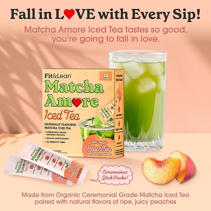 Fit & Lean Matcha Amore Iced Tea, Organic Ceremonial Grade Matcha Green Tea, Prebiotic Fiber, L-Theanine, Naturally Sweetened, NON-GMO, 0 Sugar, Peach Iced Tea, 10 Stick Packs