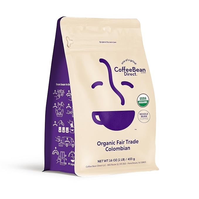 Coffee Bean Direct Organic Fair Trade Colombian, Whole Bean Coffee, Light Roast, 1 Pound Bag (Pack of 1)
