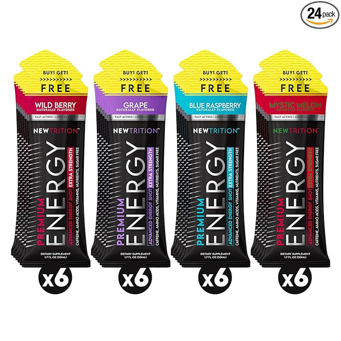 NewTrition® Extra Strength Energy Shots, 250mg Caffeine Energy Shots with Vitamin B & Amino Acids, Sugar-Free Vitamin Energy Shot, 1.7 fl oz (Pack of 24, 4 Flavors-Mixed-1)